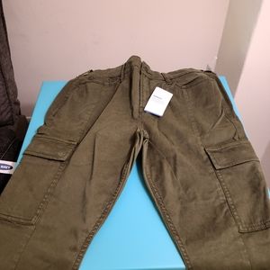 Sateen cargo style pants. Color is like an army green.